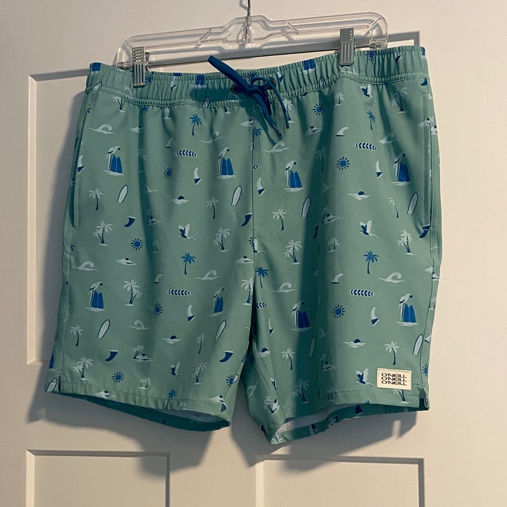 O'Neill Green Swim Trunks with Beach Print